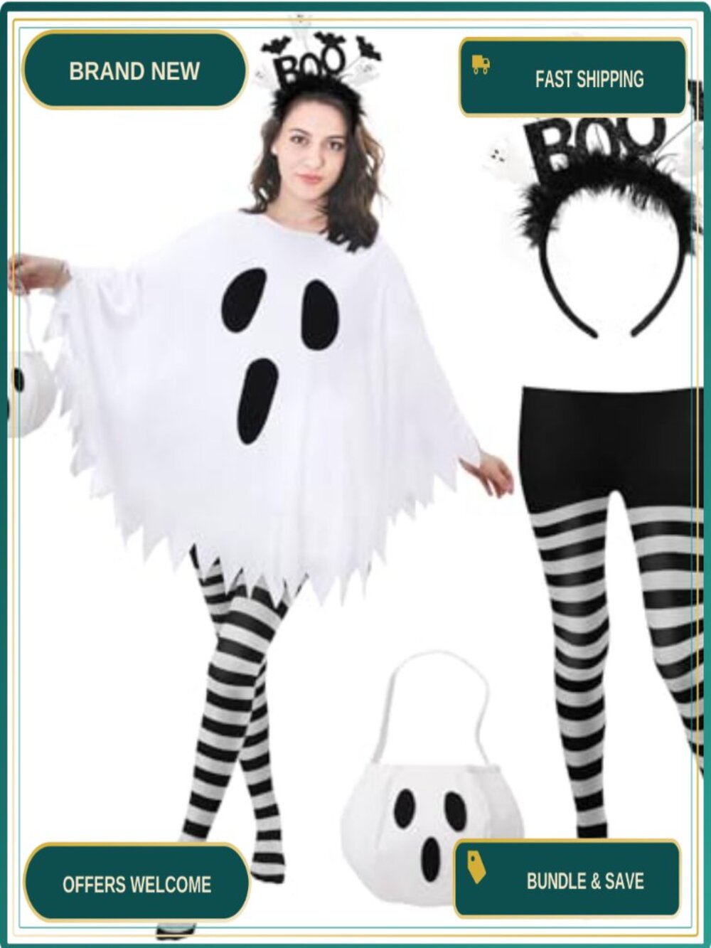 4 PCS Ghost Costume Set Poncho Tights Headband Candy Bag Adult Halloween